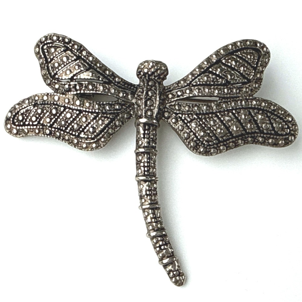 Vintage Luminous Dragonfly Brooch Silver Tone Faux Marcasite Textured Insect Pin